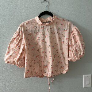 By Anthropologie Pink Floral Cropped Bubble Sleeve Cotton Blouse SMALL Tie Back